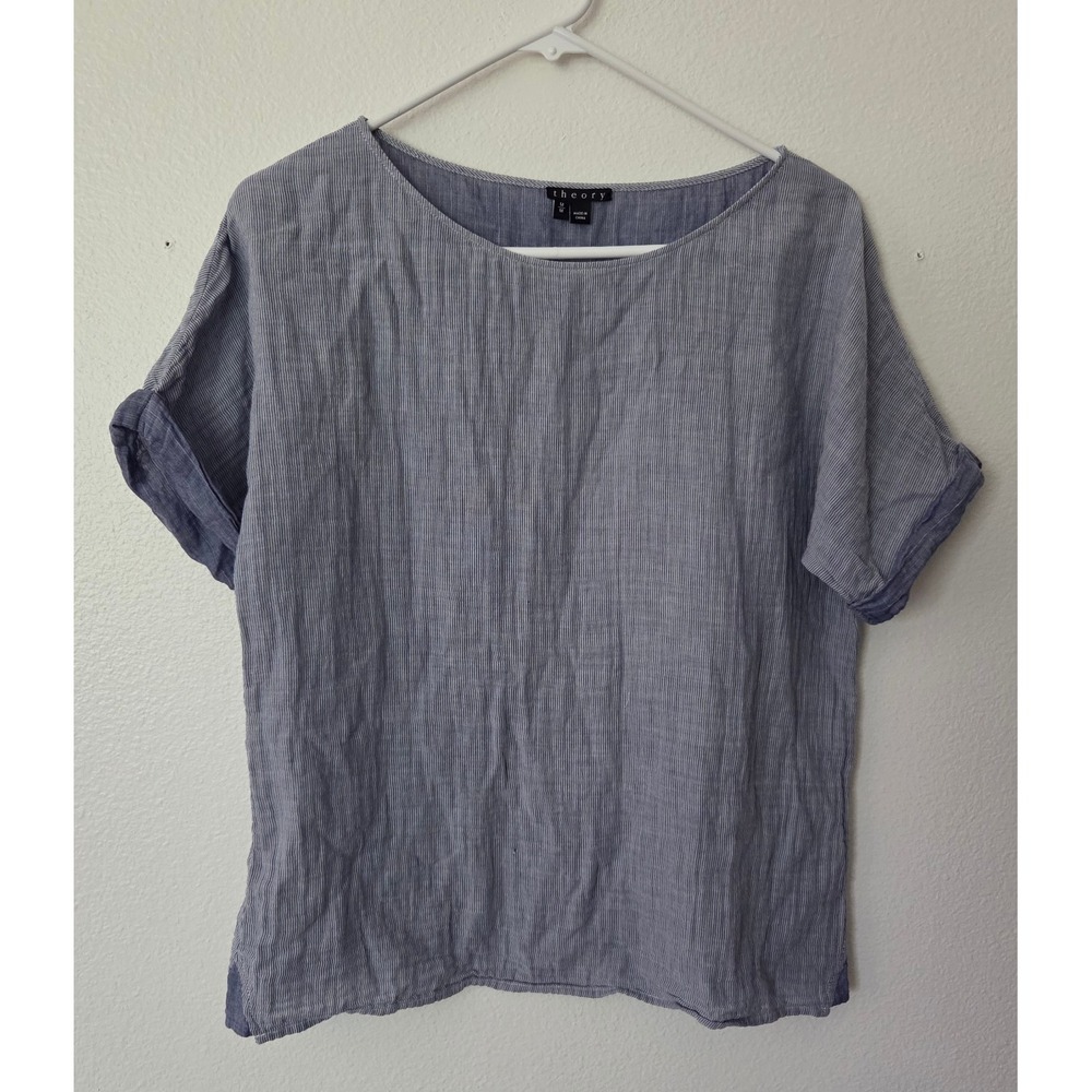 Theory Blue Striped Guazy Linen Blend Short Sleeve Top Blouse Womens Size Medium